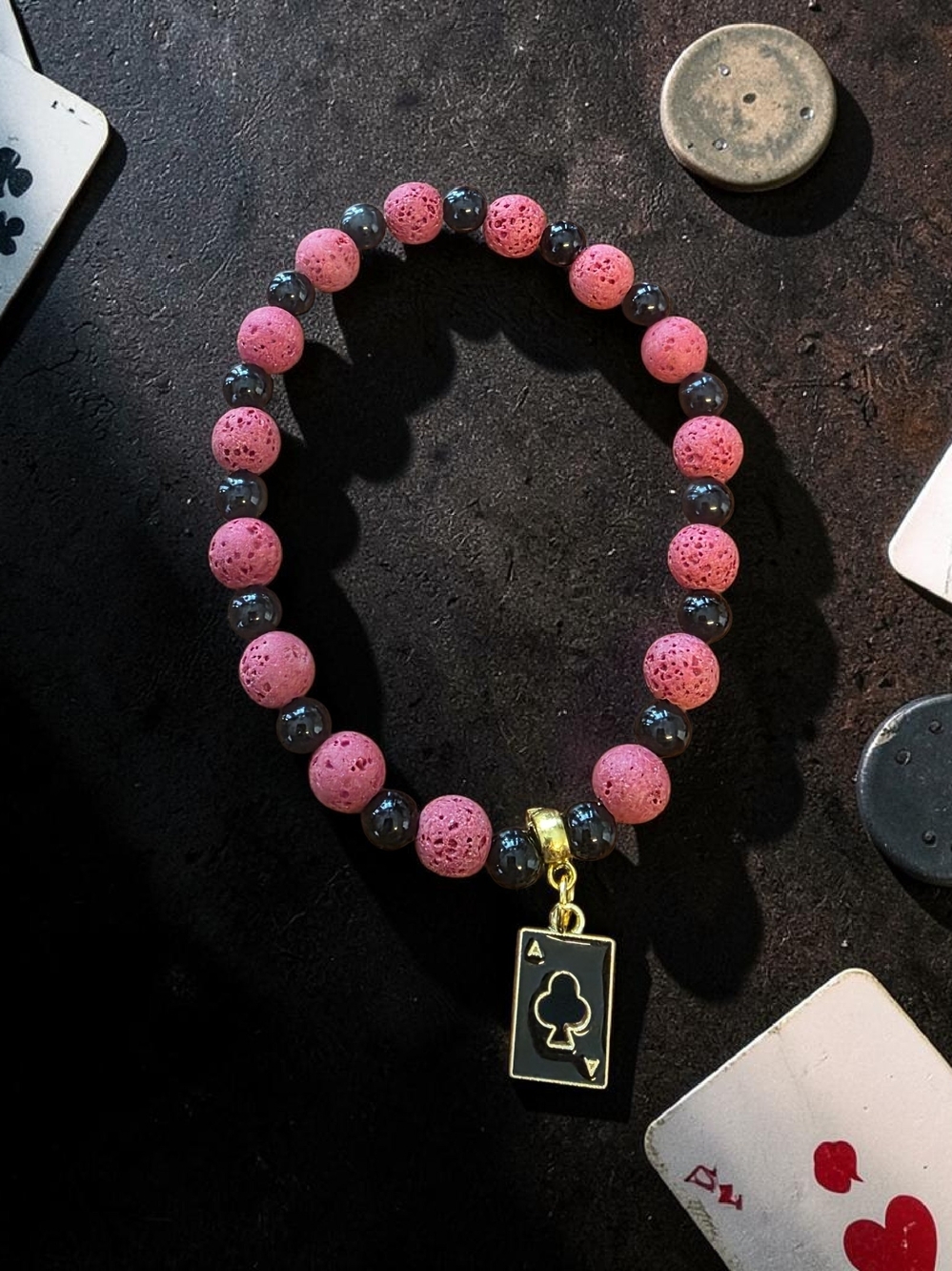 Handmade Red Lava Stone Ace of Clubs Card Charm Stretch Bracelet NWT